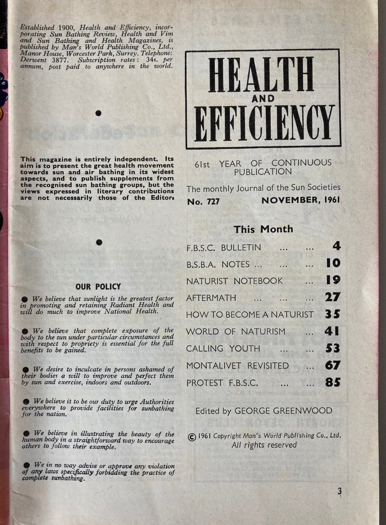 Vintage Health and Efficiency Naturist Magazine November 1961. | Etsy