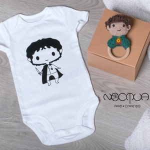 Small adventurer crochet gift set - Baby bodysuit and rattle babyshower idea