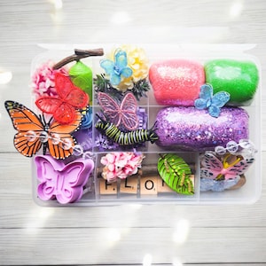 Butterfly garden playdough kit, butterfly lifecycle sensory bin, kid birthday gift, preschool STEM, educational toy, toddler xmas