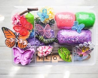 Butterfly garden playdough kit, butterfly lifecycle sensory bin, kid birthday gift, preschool STEM, educational toy, toddler xmas