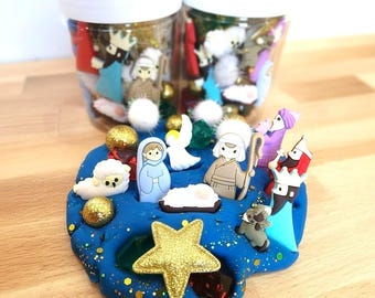 Nativity scene playdough jar, kid Christmas gift, stocking stuffer, christmas eve activity, gift for 3 4 5 6 7 8 9, elf gift, Christian gift