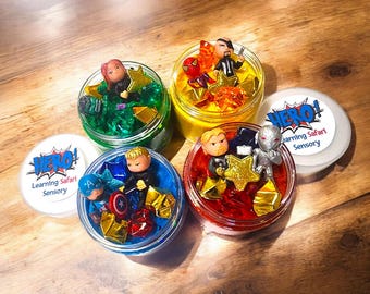 Superhero Playdough party favor, playdough jar, kids birthday gift, kid xmas stocking gift, mini play dough kit, kid birthday 3 4 5 6 7 8