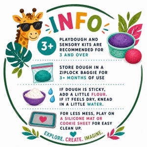 May include: A colorful infographic with a giraffe wearing sunglasses, text that reads "INFO", and instructions for playdough and sensory kits. Includes images of playdough, a bowl of flour, and a silicone mat.