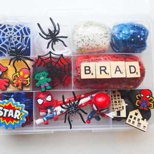 Kit de plastilina Spiderman, caja de plastilina de superhéroe, contenedor sensorial, cumpleaños de Spiderman, regalo de cumpleaños para niños, kit de juego sensorial, regalo de San Valentín para niños