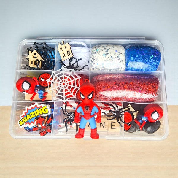 Spider superhero playdough kit, superhero sensory play bin, PreK playdough craft, kids birthday gift, pretend play slime, kid Easter gift