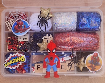 Spider superhero playdough kit, superhero sensory play bin, PreK playdough craft, kids birthday gift, pretend play dough, kid xmas gift