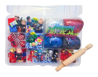 Superhero birthday playdough kit, superhero playdough box, pretend play craft, sensory toy bin, educational toy, kids sensory bin