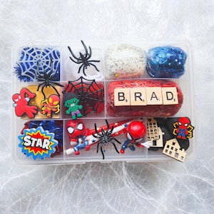 Spider superhero playdough kit, superhero sensory play bin, PreK playdough craft, kids birthday gift, pretend play slime, kid christmas gift