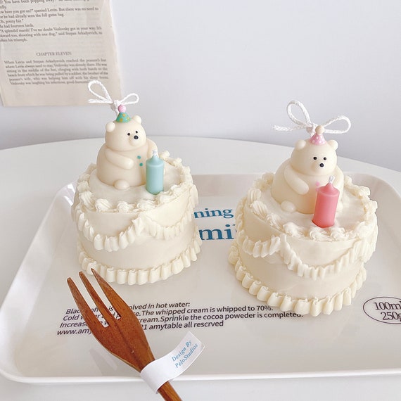 Party Bear Cream Cake Candle: Birthday Soy Wax Candle