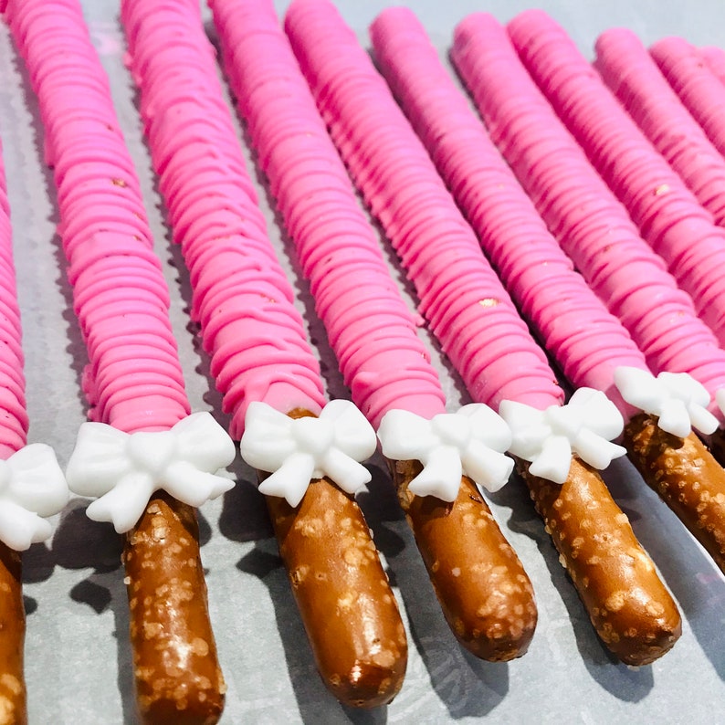 1 Dozen Pink Chocolate Dipped Pretzels With Cute Fondant Bow Etsy