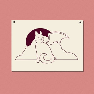 翼のある猫の線画イラスト デジタルプリント