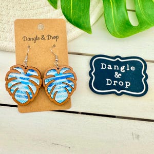 Monstera Leaf Acrylic Earrings, Blue and White Earrings, Vacation Earrings, Tropical Earrings, Gifs for Her, Summer Acrylic Earrings