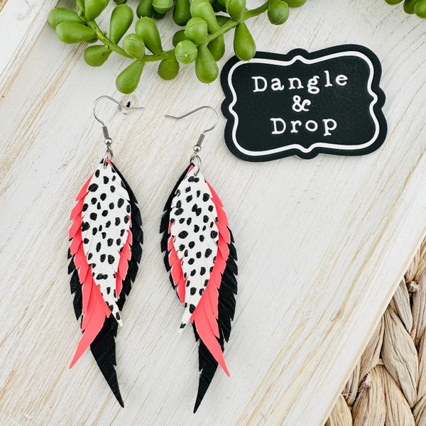 Feather Leather Earrings, Boho Earrings, Coral and Black, Statement Earrings, Gift for Her, Feather Jewelry, Modern Earrings, Trendy Earring