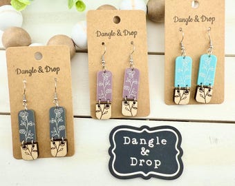 Clear Acrylic Wildflower Earrings, Engraved Earrings, Bar Earrings