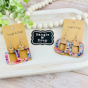 Wood and Acrylic Earrings, Floral Acrylic Earrings, Wood Hoop Earrings, Gifts for Her, Flower Hoops, Acrylic Jewelry, Wooden Jewelry