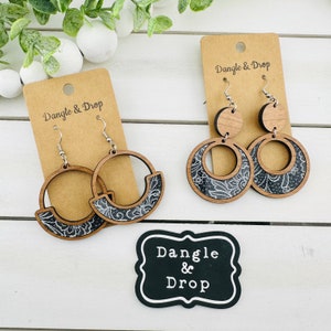 Wood and Acrylic Earrings, Black and White Lace, Inlay Earrings, Wood Earrings, Lace Acrylic Earrings, Acrylic Hoop Earrings, Gifts for Her