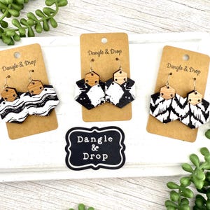 Black and White Distressed Wood Earrings, Geometric Wood Earrings, Gifts for Her, Black and White, Lightweight Earrings