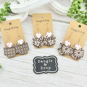 Wood and Acrylic Earrings, Hexagon Geometric Earrings, Light Pink Floral Wood Earrings, Rose Gold Acrylic Earrings, Pink Flower Earrings