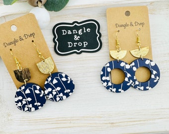 Navy and White Floral Earrings, Wood Earrings, Wooden Jewelry, Circle Earrings, Wood Hoop, Navy Blue and Gold, Gifts for Her, Flower Earring