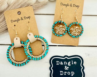 Wood Hoop Earrings, Engraved Wood Hoop, Boho Hoop Earrings, Gifts for Her, Floral Hoop Earrings, Aqua Wood Earrings, Circle Earrings