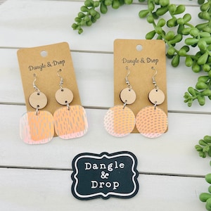 Iridescent Acrylic Earrings, Wood and Acrylic Earrings, Geometric Acrylic Earrings, Gifts for Her, Dangle Earrings, Lightweight Earrings