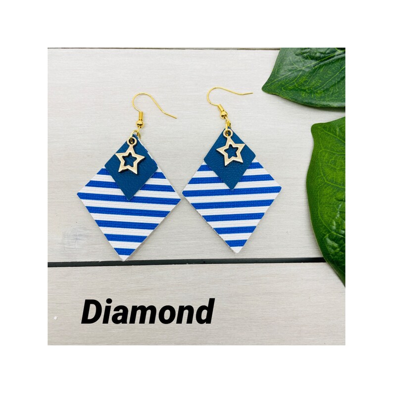 Blue Earrings Leather Earrings Royal Blue Stripe Earrings Gold Charm Striped Teardrops Gifts for Her Gold Star Jewelry Nautical Theme