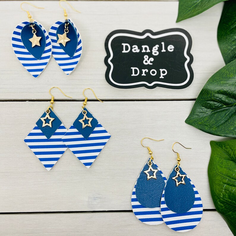Blue Earrings Leather Earrings Royal Blue Stripe Earrings Gold Charm Striped Teardrops Gifts for Her Gold Star Jewelry Nautical Theme