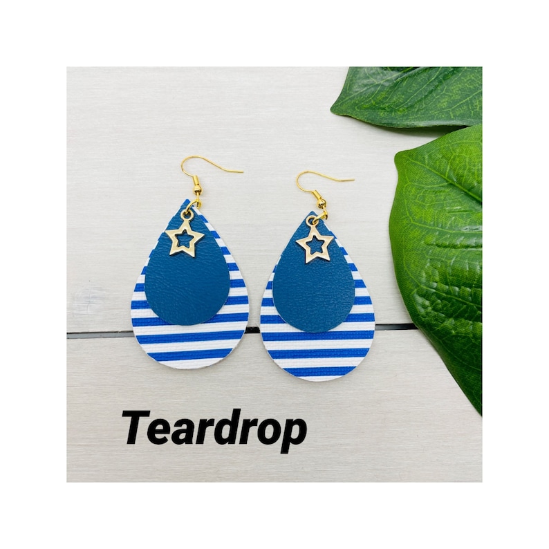 Blue Earrings Leather Earrings Royal Blue Stripe Earrings Gold Charm Striped Teardrops Gifts for Her Gold Star Jewelry Nautical Theme