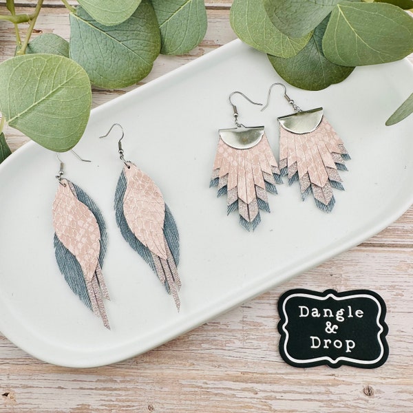 Fringe Leather Earrings, Feather Leather Earrings, Gifts for Her, Feather Earrings, Boho Leather Earrings, Blush Leather, Denim Earrings