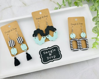 Mint Green Earring, Pastel Earring, Black and White Stripes, Tassel Earring, Geometric Earrings, Acrylic Jewelry, Gifts for Her, Unique Gift