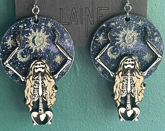 Skeleton Holding the Universe / Star Tarot Earrings / Spooky Earrings / Creepy Cute Earrings / Galaxy Earrings