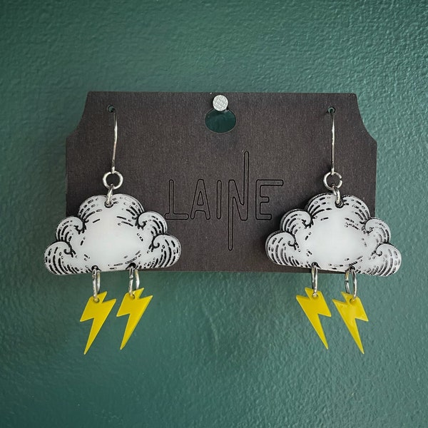 Acrylic Storm Cloud Lightning Earrings / Rain Cloud Earrings / Weird Earrings / Edward Gorey Style / Kawaii Thundercloud