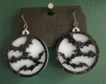 Glitter Bat Earrings / Goth Earrings / Black & White Earrings / Witchy Earrings / Halloween Earrings / Vampire Bat Earrings