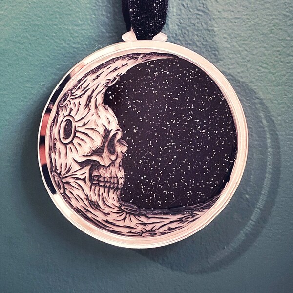 Skull Moon Ornament / Goth Ornament / Skull Ornament / Glitter Ornament / Spooky Ornament