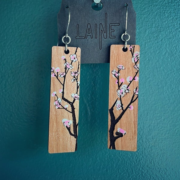 Delicate Cherry Blossom Art Earrings / Hand Painted Earrings / Korean Earrings / Sakura Flowers / Wood Bar Earrings