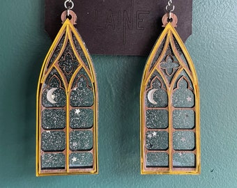 Starry Night Window Earrings /  Cathedral Window Earrings / Glitter Earrings / Moon Earrings / Star Earrings