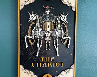 The Chariot Tarot Card Made to Order  / Tarot Wall Art / Style Vintage Tarot Deck /  Witchy Wall Decor / Skeleton Unicorn Art