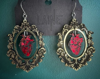 Gothic Framed Heart Earrings / Gold Vintage Frame / Anatomical Heart / Valentines Earrings / Red Heart / Goth Valentines