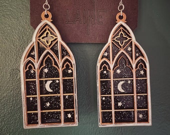 Twilight Moon Window Earrings /  Cathedral Earrings / Glitter Earrings / Moon Earrings / Star Earrings / Night Sky