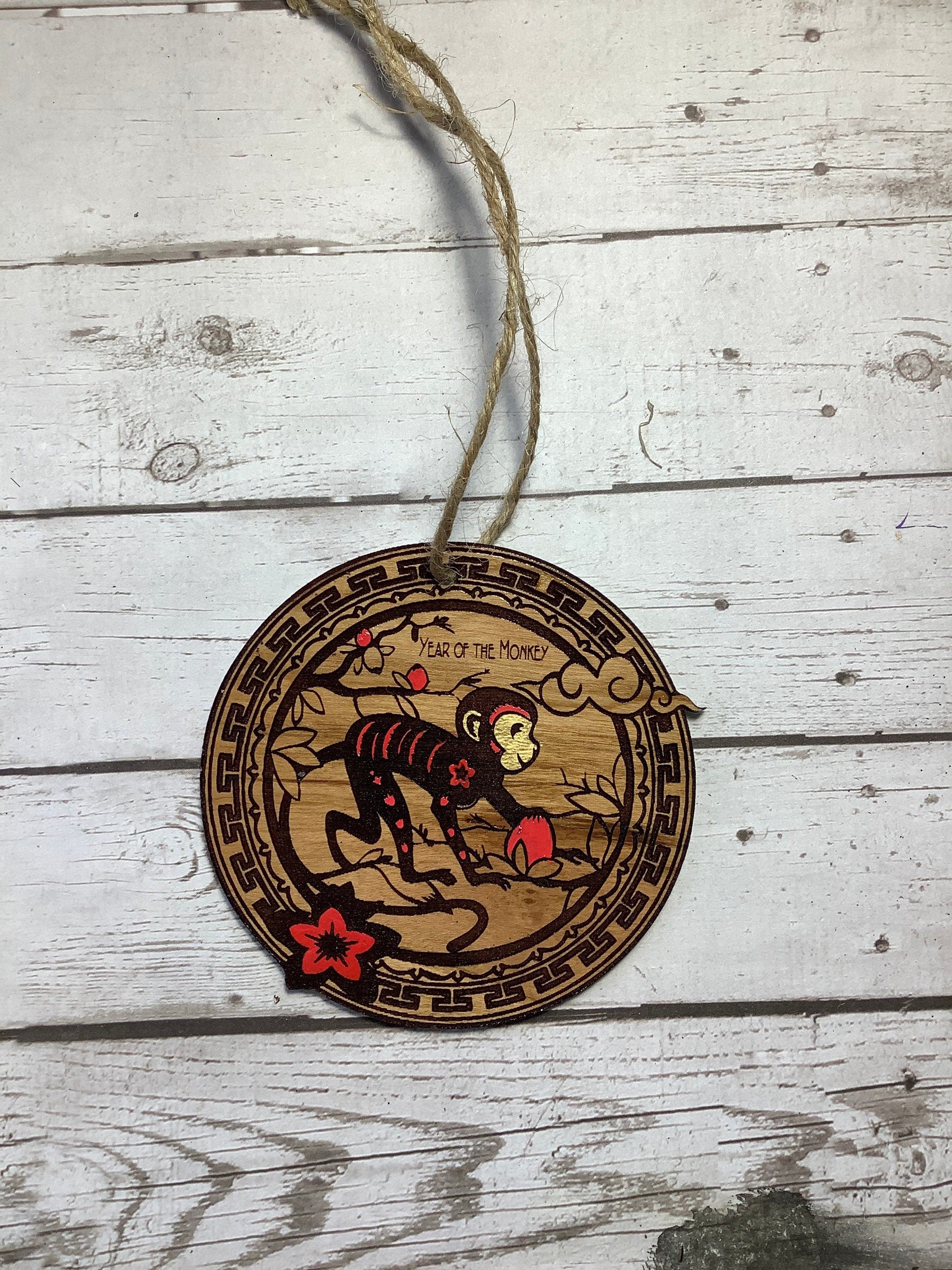 Chinese Zodiac Monkey Ornament in Cherry Wood / Year of The Etsy