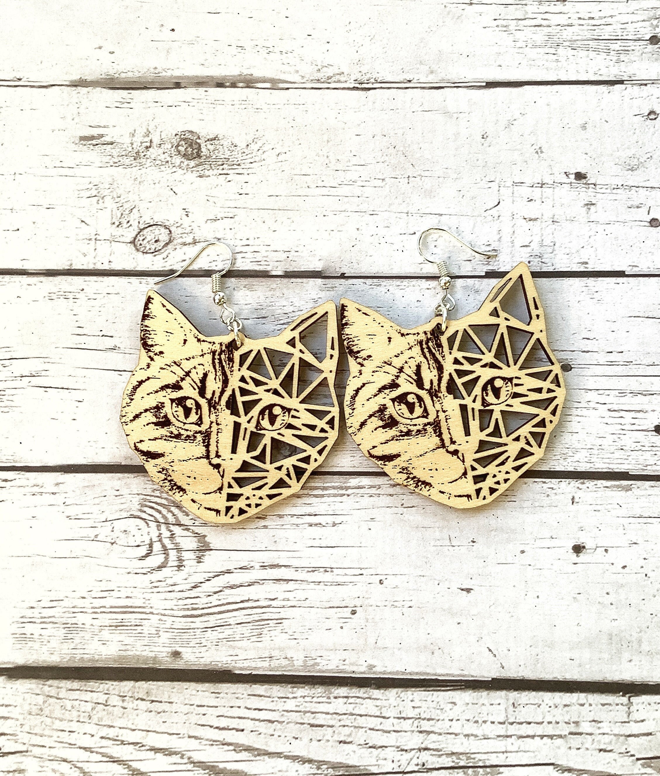 Geometric Cat Head Wood Earrings / Laser Cut Cat / Kitty Etsy