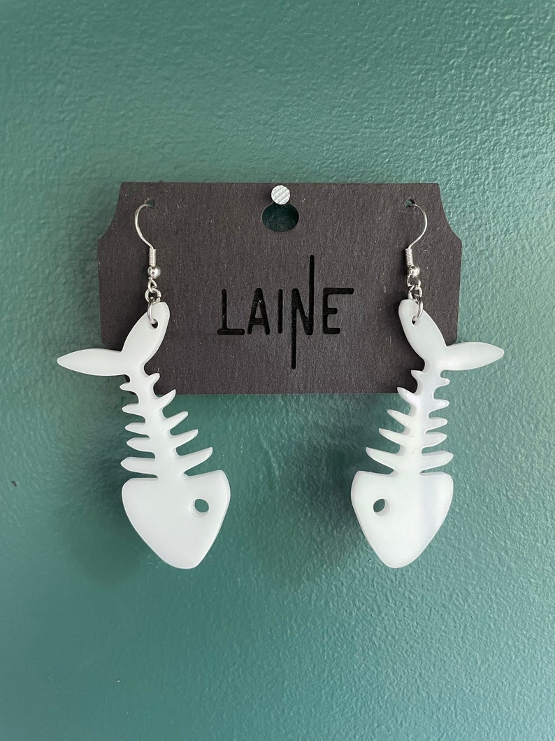 White Fish Bones Earrings / Fish Earrings / Spooky Jewelry, Dead Fish, fish skeleton / witchcraft / Goth Accessory / witchy gift for her image 1