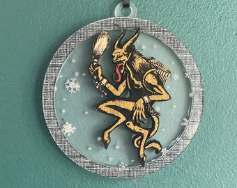 Krampus Ornament with Snow Background / Halloween Christmas Ornament / Demon Ornament / Goth Christmas Ornament / Creepy Ornament