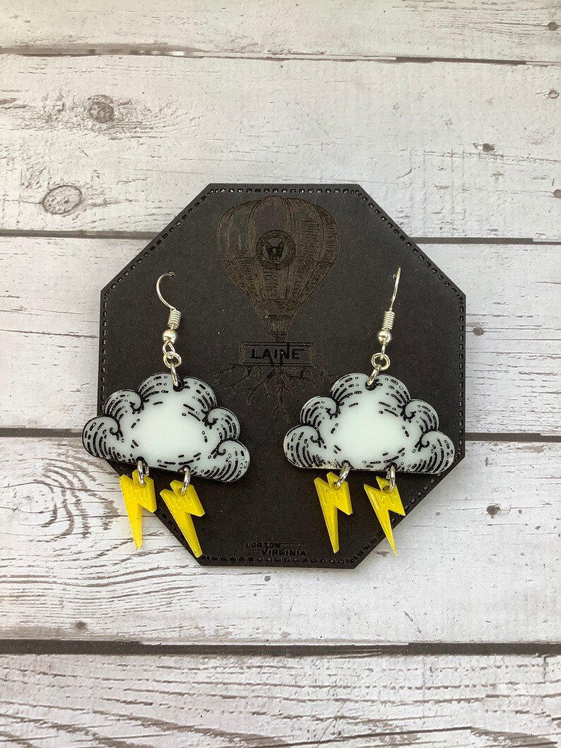 Acrylic Storm Cloud Lightning Earrings Rain Cloud Earrings Weird Earrings Edward Gorey Style Kawaii Thundercloud