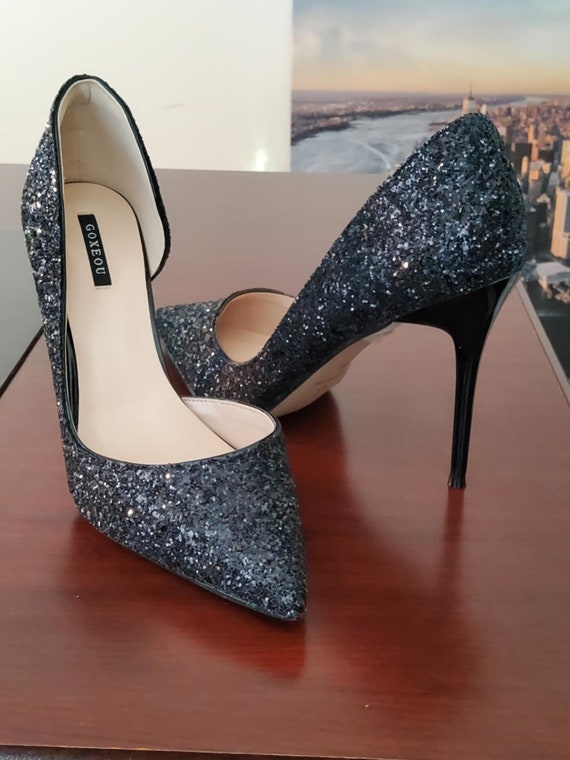 Zwarte glitter puntige teen hoge hakken - Etsy Nederland