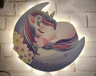 Unicorn lamp on the moon with your child's name
