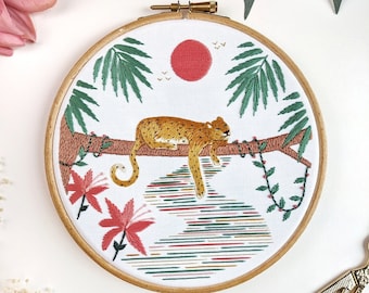 Lazy Leopard Embroidery Kit • 6" Hoop • Nature, Animal, Jungle and River theme • DIY Craft Kit, Wall Art and Unique Gift