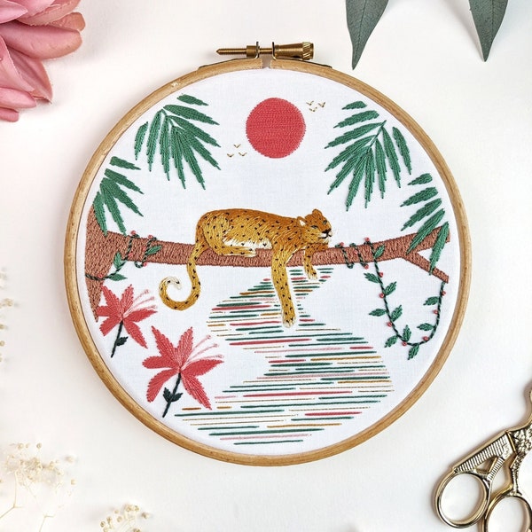 Lazy Leopard Embroidery Kit • 6" Hoop • Nature, Animal, Jungle and River theme • DIY Craft Kit, Wall Art and Unique Gift