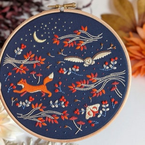 Midnight Forest Embroidery Kit: Fox, Owl, and Lunar Moth - 7" Hoop