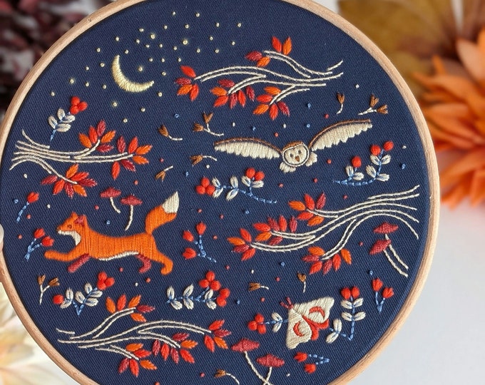 Midnight Forest Embroidery Kit: Fox, Owl, and Lunar Moth - 7" Hoop